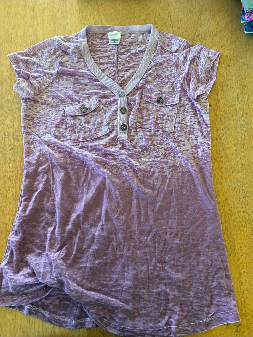 Aventura Sheer Purple Short Sleeve Henley Tee with Front Pockets